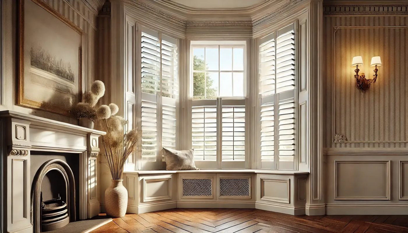 Plantation shutters fitted to a bay window