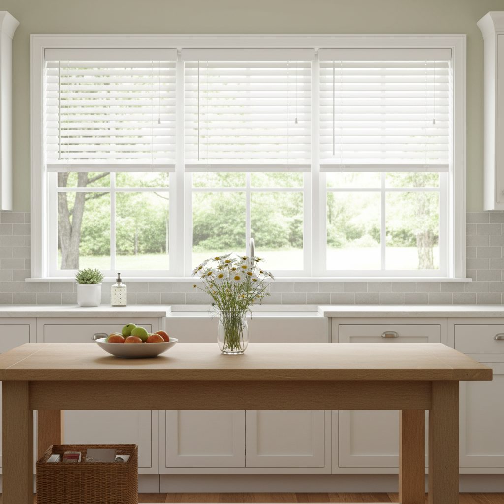 Kitchen with wooden table, white cabinets, and a triple window with blinds.