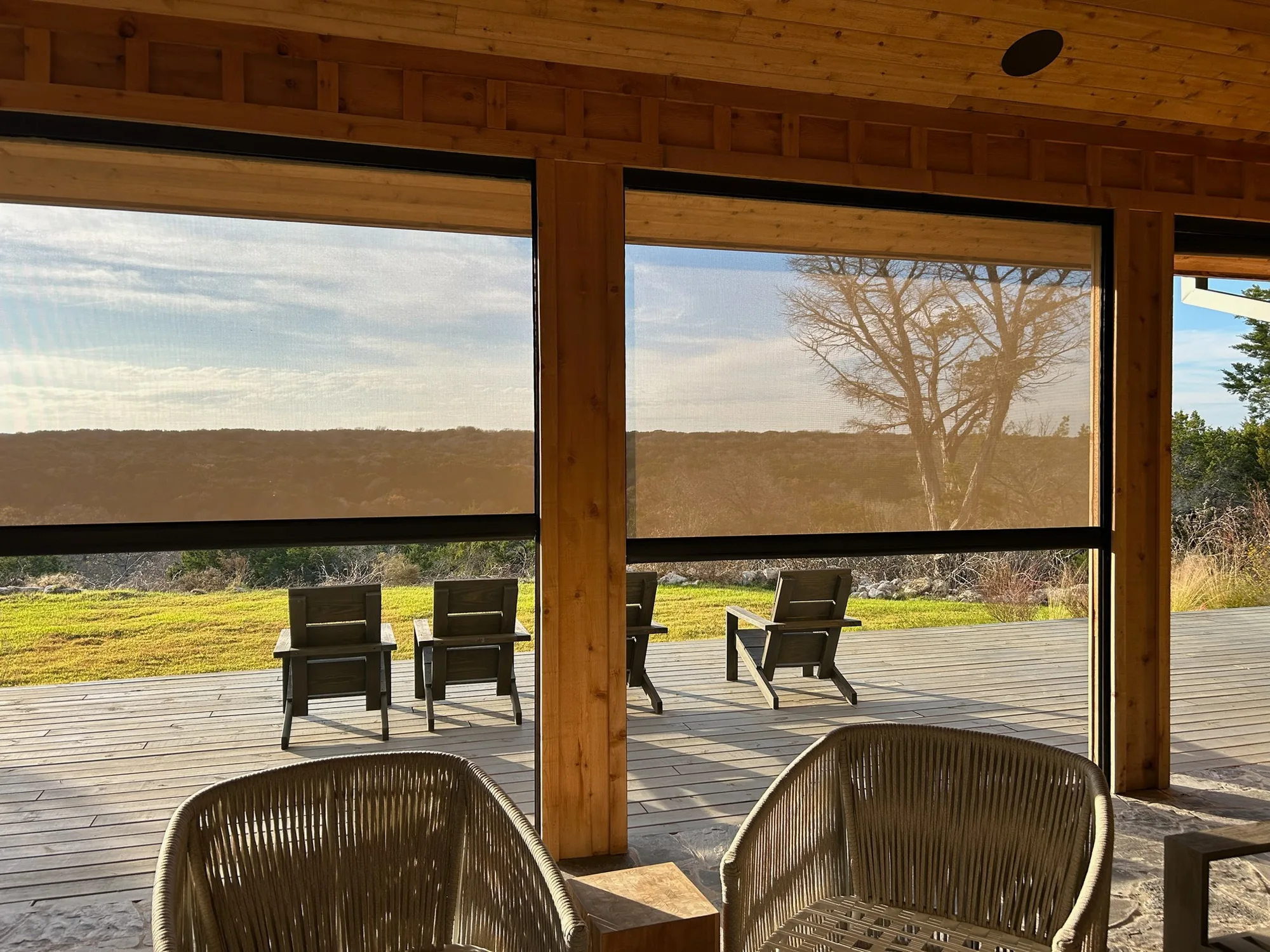Close view of Exterior Patio Shades installed by Love Is Blinds