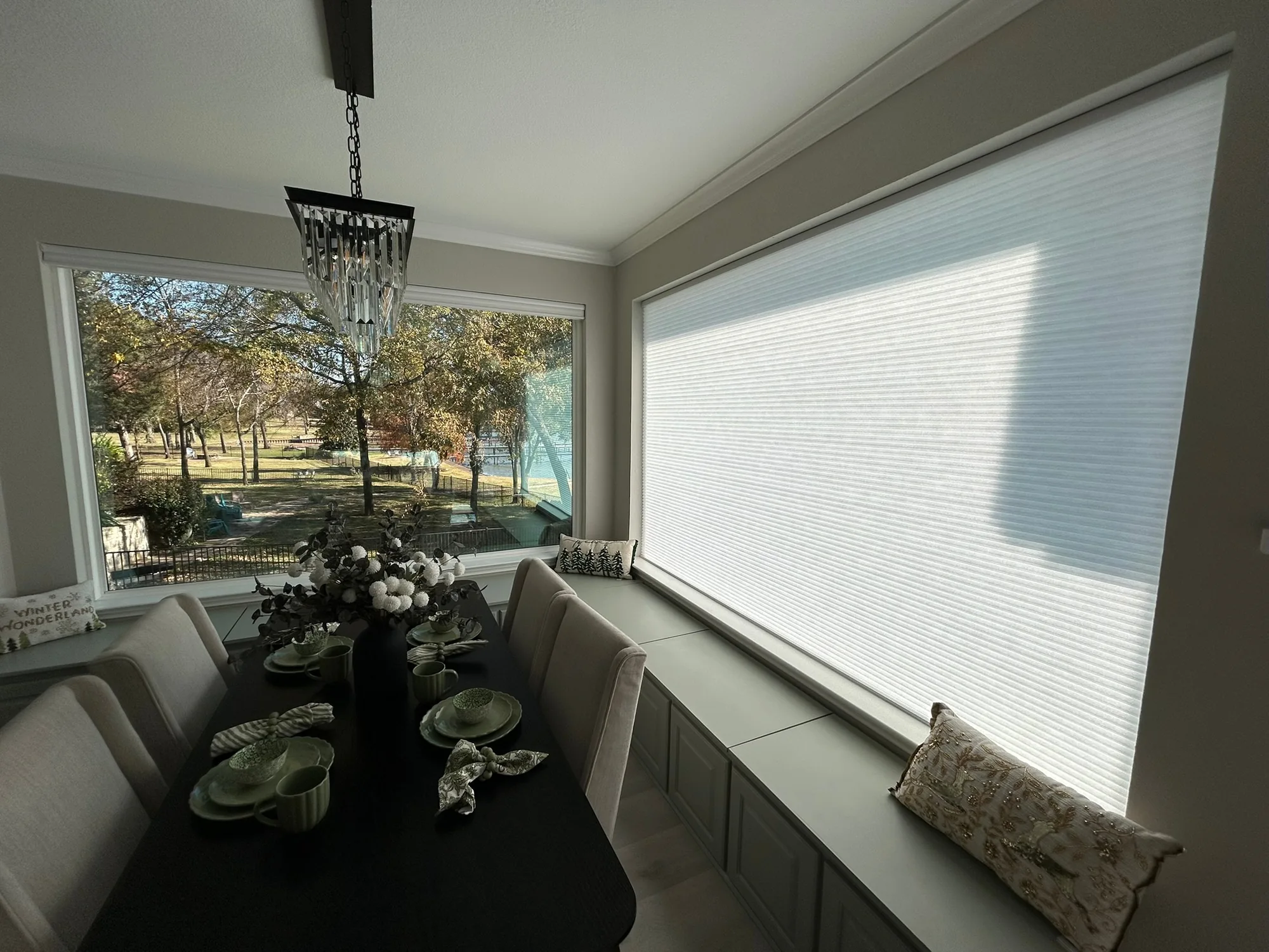 Honeycomb Shades across a bright Texas window wall